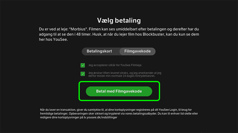 Betal med filmgavekode